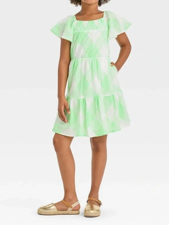Cat & Jack Girls' A-line Flutter Sleeve Checkered Woven Dress Sz: S or 6/7