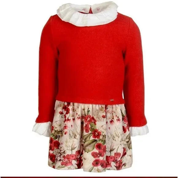 NWT Mayoral Girl’s Red Jumper Dress Floral Skirt Ruffle Collar Cuffs size 3