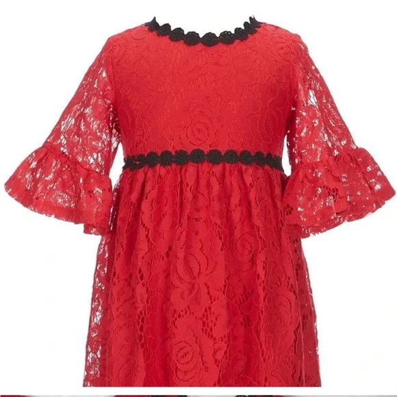Kate Spade 6X red lace dress w/bell sleeves. Black lace accents. Flamenco style