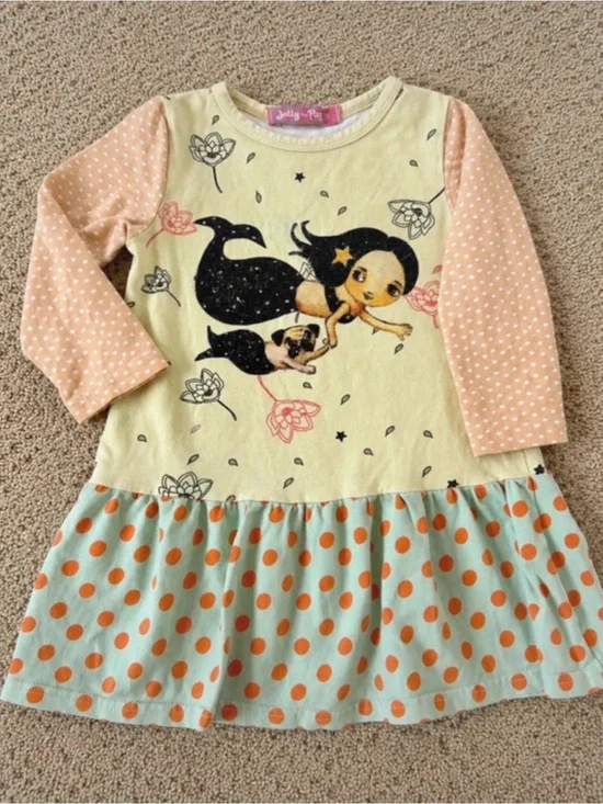 Jelly The Pug Dress with Peach Polka Dot Sleeves Mint Skirt with Orange Dots