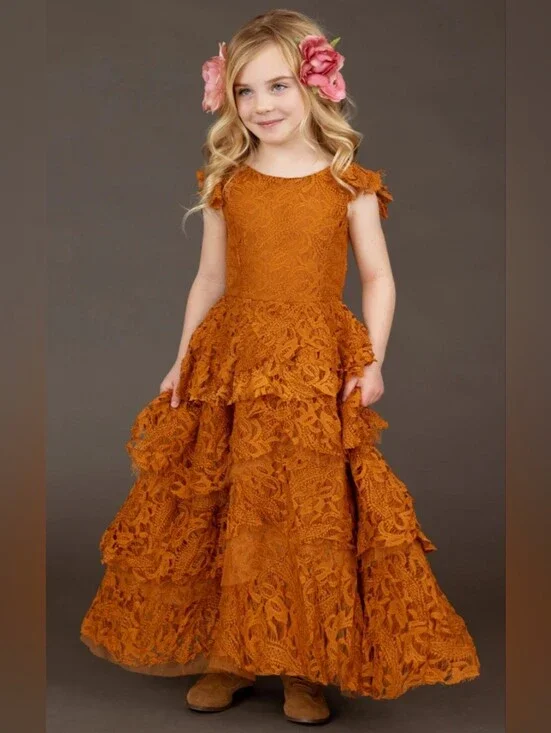 Joyfolie Lyra Toddler Girls Tiered Lace Maxi Dress in Marigold 3T
