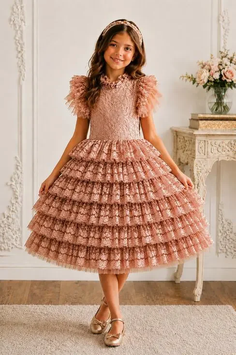 JOYFOLIE Mia Joy Dress Girls Size 7 Blush Lace Tiered Ruffle Flower Girl Boho