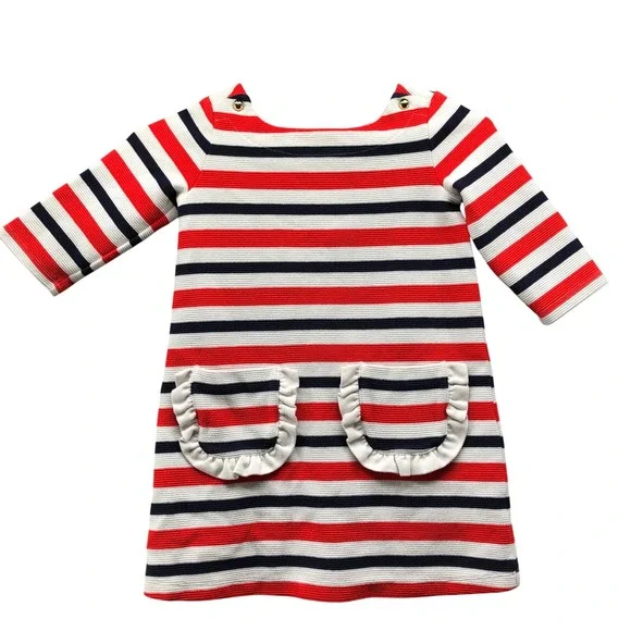 Janie and Jack Striped Knit Dress Girls 4T Red Navy White Nautical Ruffle Casual