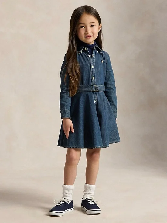 Ralph‎ Lauren Girls Belted Cotton Denim Shirtdress 10 Preppy Western Fall School