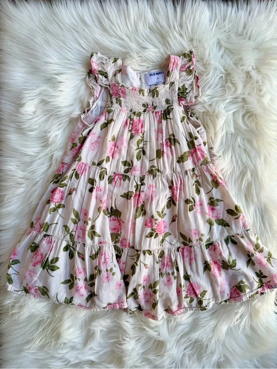 Old Navy Cream Dress with Pink Rose Print for Girls Size 5T