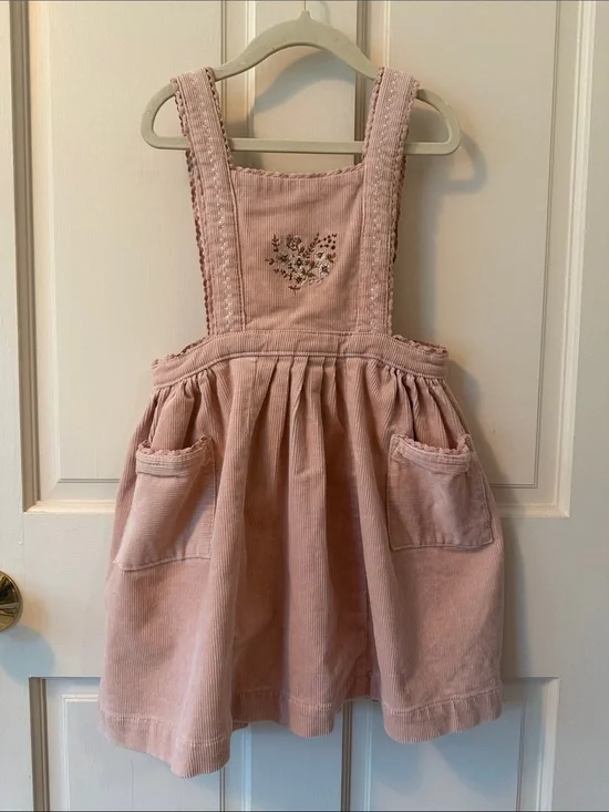 Jamie Kay Dusty Pink Corduroy Pinafore Dress with Embroidered Bib
