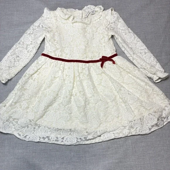 Janie and Jack Baby Girls Ivory Lace Long Sleeved Dress Red Bow 18-24 Months