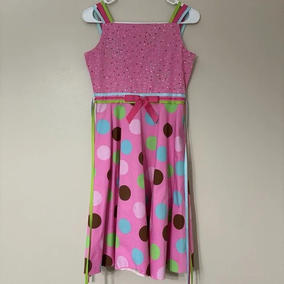 Rare Editions Girls 16 Pink Polka Dot Birthday Dress Lined Ribbon Straps & Ties