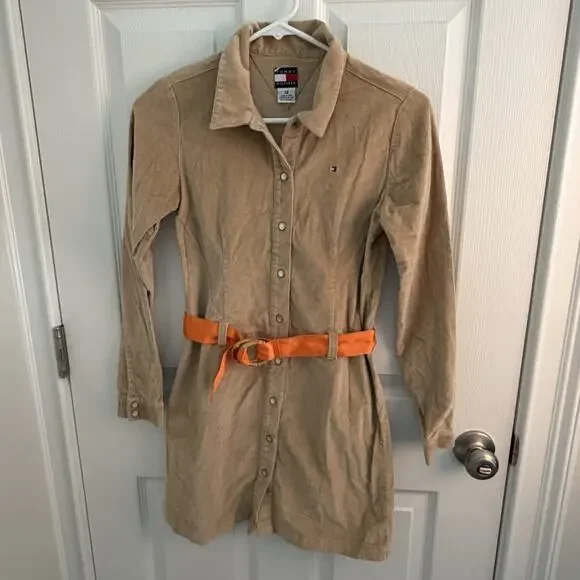 Vintage Tommy Hilfiger Girls Corduroy Dress Size 12 Safari Bamboo Belt Y2k Prep