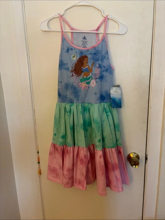 Disney Girls' aThe Little Mermaid Tiered Tie-Dye Dress in Blue, Green, Pink