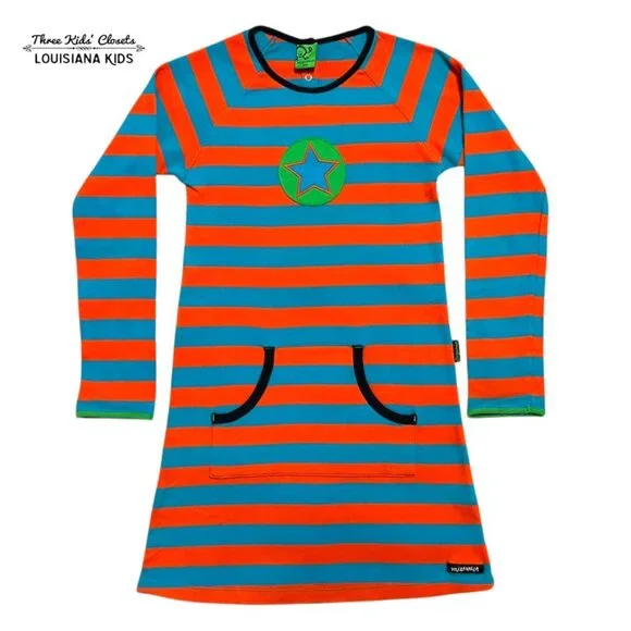 Villervalla Sz 134 (9Y) Organic Orange & Blue Striped Star Appliqué Dress