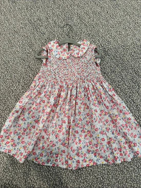 Smocked Floral Peter Pan Collar Dress for Girls in Pink and Blue