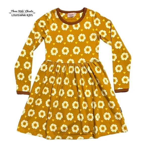 Moromini Sz 128/134 (8-9Y) Organic Mustard Flowers Dress