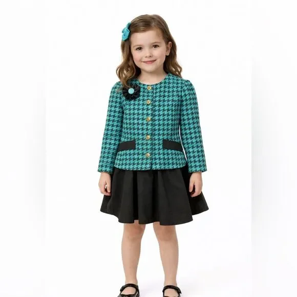 Vintage 90s Nannette Girls' Teal and Black Houndstooth Jacket and Skirt Set