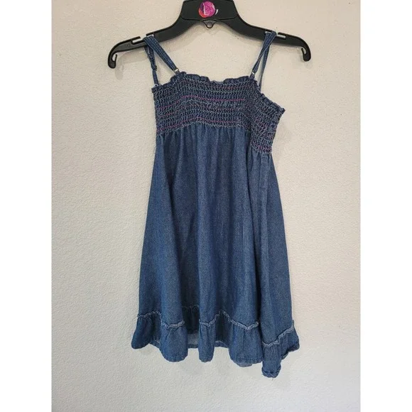Star Ride Girls Denim Smocked Rainbow Sundress Blue Ruffle Hem Size‎ 6 #5