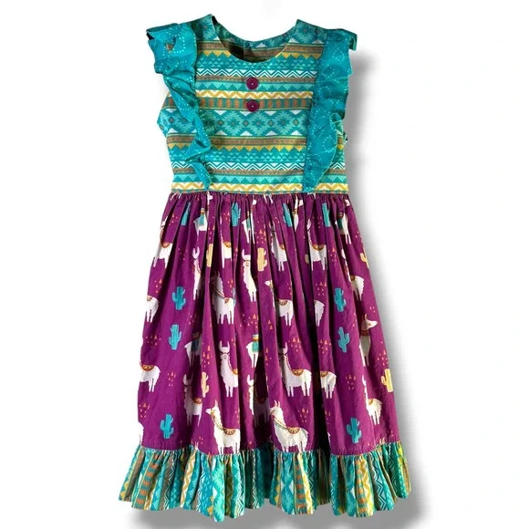 Eleanor Rose Girls Sz 10/12 Dress Llama Aztec Cactus Ruffle Boho Southwest
