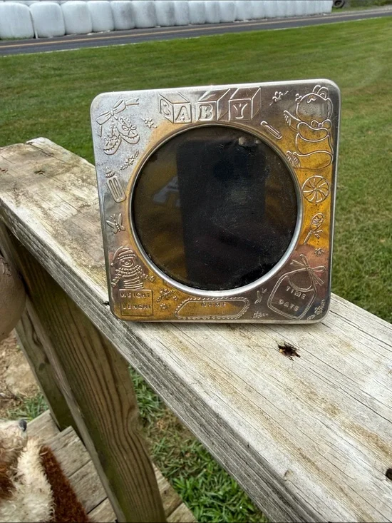 Silver Baby Picture Frame with Embossed Nursery Motifs vintag