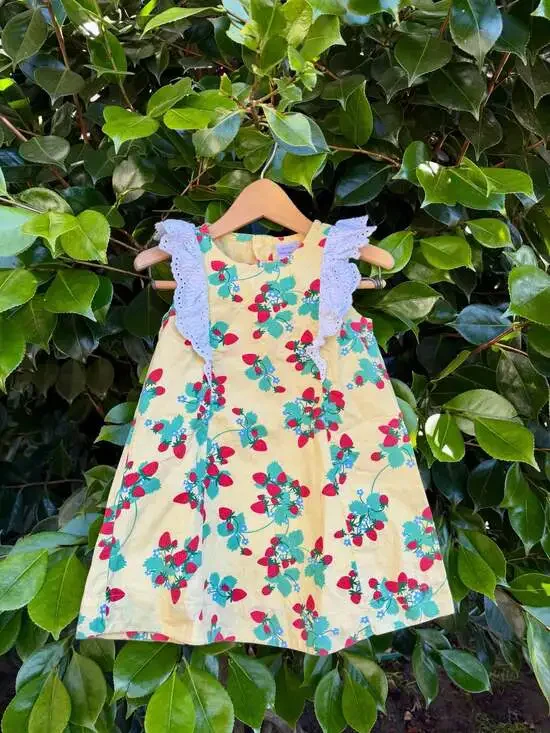 Hanna Andersson Girls Strawberry Print Yellow Woven Swing Dress