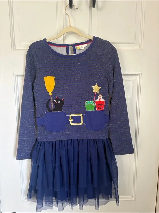 Mini Boden Navy Blue Long-Sleeve Tulle Pocket Dress with Halloween Appliqués
