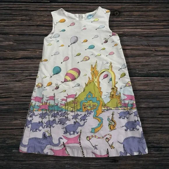 Dr. Seuss Hot Air Balloon Elephant Border Dress Girls 4T Cotton