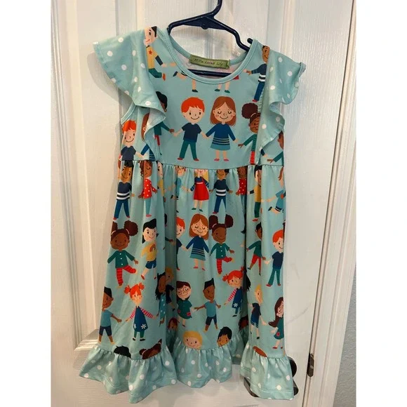 Millie Loves Lily Dress Blue‎ Kids Holding Hands Ruffle Flutter Sleeve Size 5