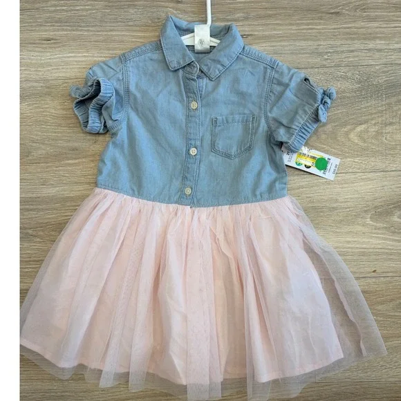 OshKosh Bgosh Toddler Girls Chambray and Pink Tulle Tutu Dress 2T NWT