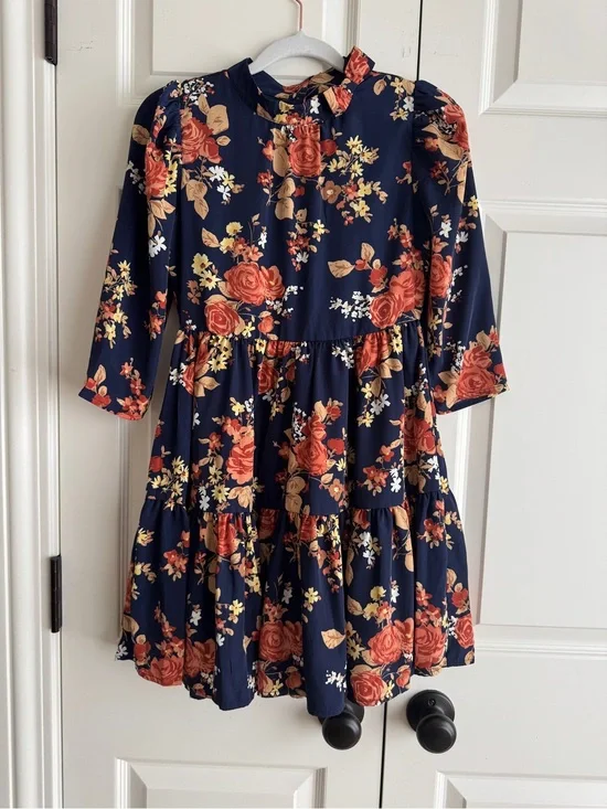 Janie and Jack NWT Navy Floral Long Sleeve Tiered Dress Girls Size 12