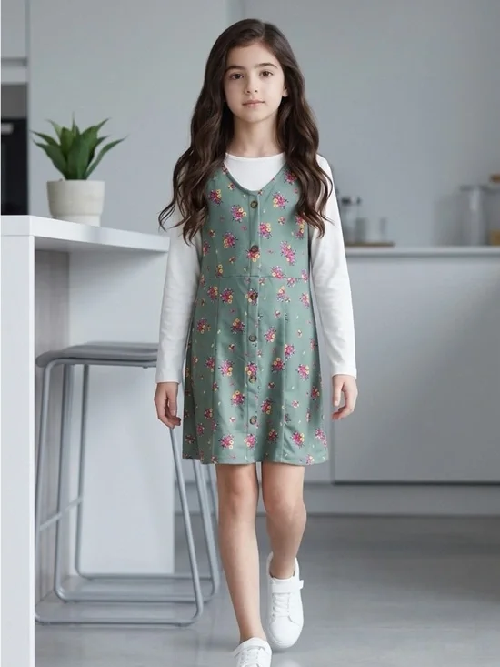 NWT Girls Green Floral Overall Dress Off White Long Sleeve Shirt - Size 12