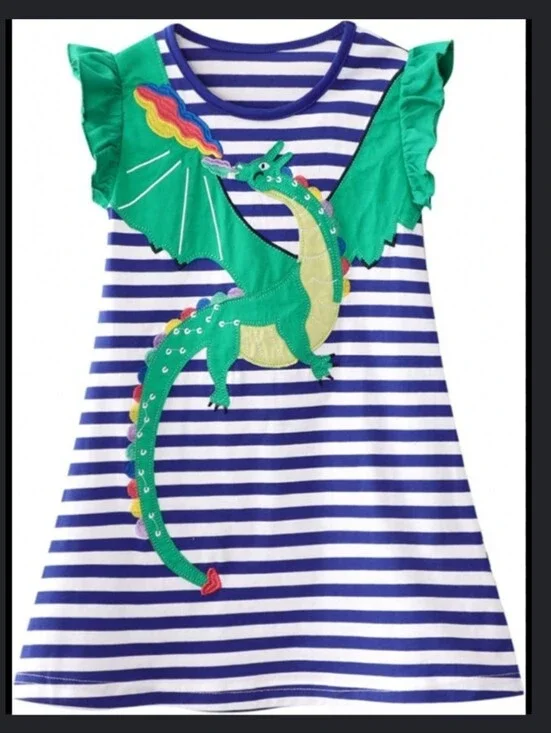Girls Ruffle Sleeve Striped Dragon Dress