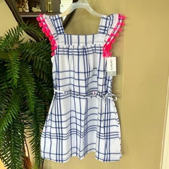 Brand New Carter’s White Blue Plaid Dress w/ Pink Tassels Tie Waist Lined Casual