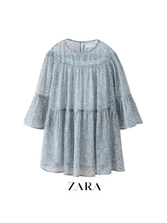 Zara Pale Blue Floral Tiered Babydoll Dress