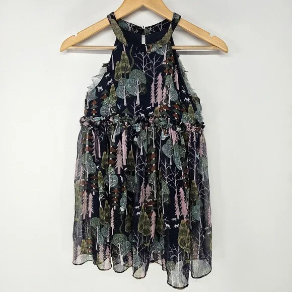 COROLCAT Dress Girls 7/8 Navy Blue Forest Animal Print Halter Tiered Ruffle Boho