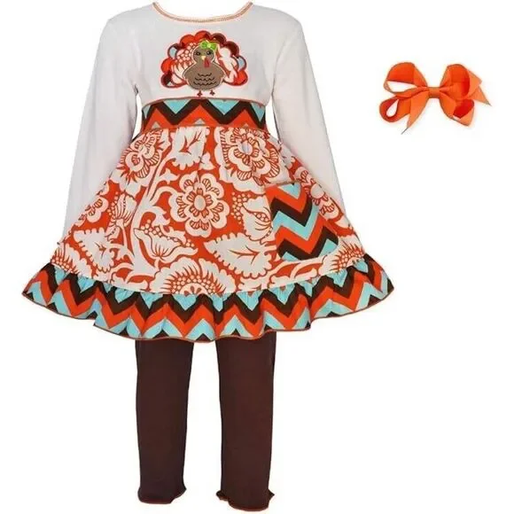 Ann Loren BNWT Girl's Thanksgiving Outfit‎ Chevron Turkey Dress Size 4-5