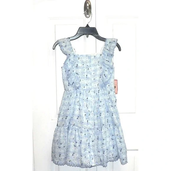 Btween‎ Girls Square Neck Ruffle Lace Sleeve Cotton Floral Dress Blue/White Sz 7