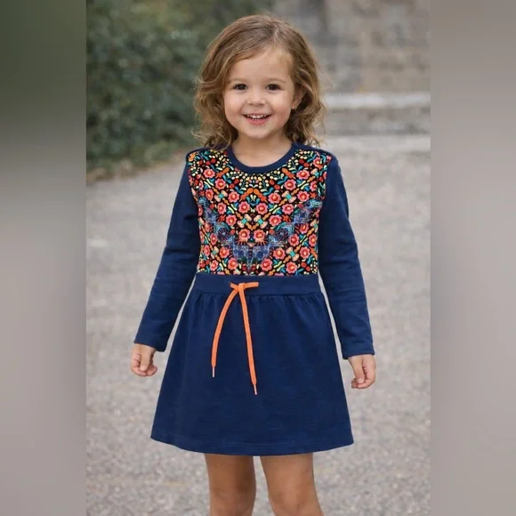 Mim-Pi Navy Girls Dress‎ with Colorful Floral Print Long Sleeves Sz 4y NWT
