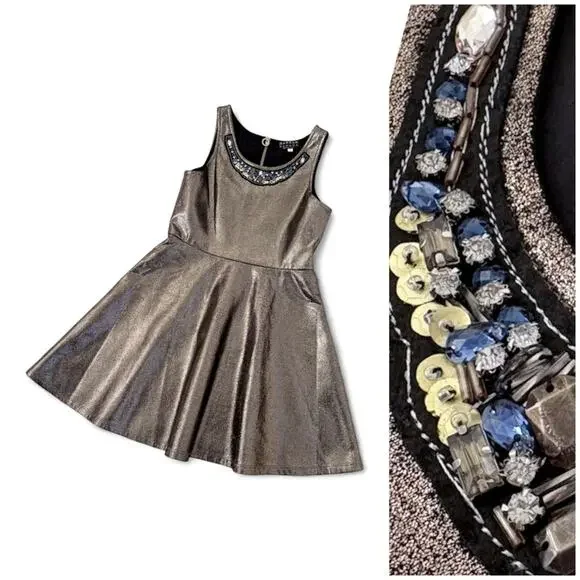 Hannah Banana Fit Flare Dress Girls 8 Metallic Gold Party Rhinestone Bling EUC