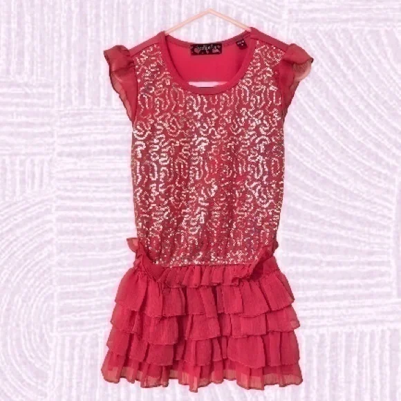 Tempted Girls Sequined Dress Size 4T Bright Pink Ruffled Bottom