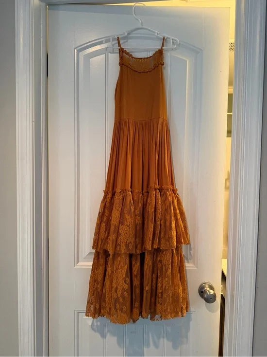 Joyfolie Girls Rust Orange Tiered Lace Maxi Dress