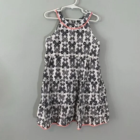 5/$25 The Children's Place Girls‎ Butterfly Print Tiered Dress Pink Pom Pom Trim