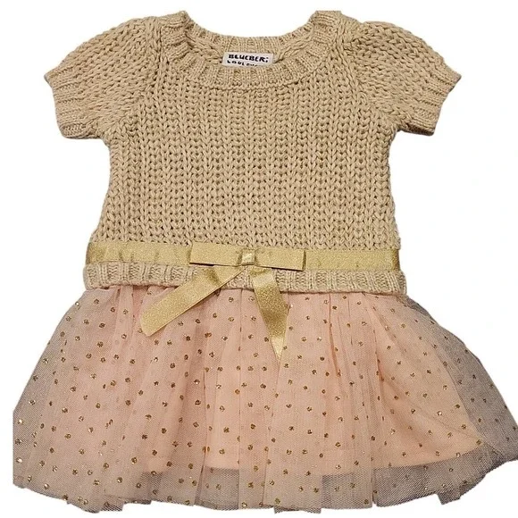 Blueberry Boulevard‎ Pink/Gold Dress 3-6mo Gold Sparkles Knit Top Tulle NWT $54