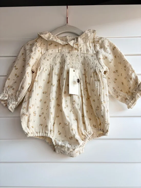 Quincy Mae Cream Romper with Tiny Gold Floral Print