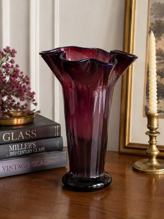 VTG Italian Rossini Amethyst Art Glass Fluted Swung Vase Hand Blown Purple 9