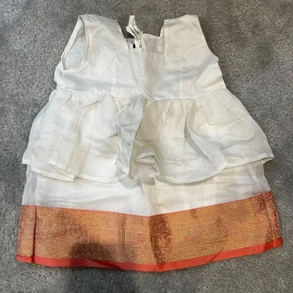 Girl White Indian-style baby dress tiered ruffle bodice, traditional gold-border