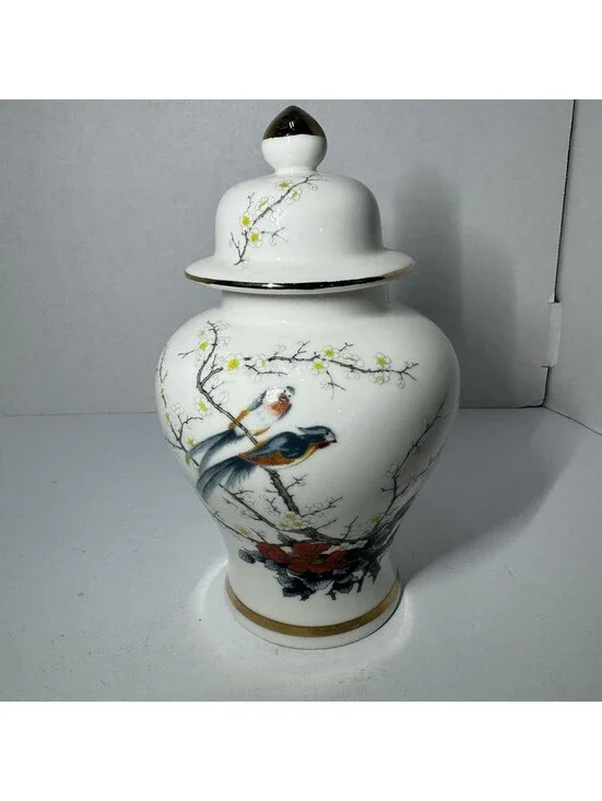 Vintage Jay Fine China Lidded Ginger Jar with Bird and Cherry Blossom Made Japan