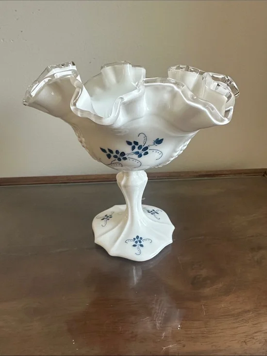 Vintage Fenton Silver Crest Milk Glass Compote with Hand Painted Blue Floral