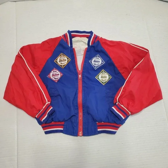Weather Tamer Jacket Kids 4T Red Blue Baseball Patches‎ Vintage Bomber Coat