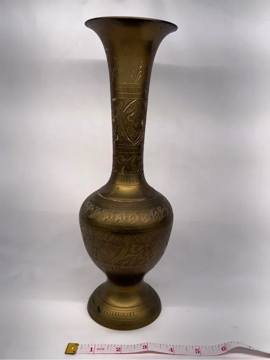 Vintage Ornate Etched Brass Vase – Detailed Floral Engravings, 12