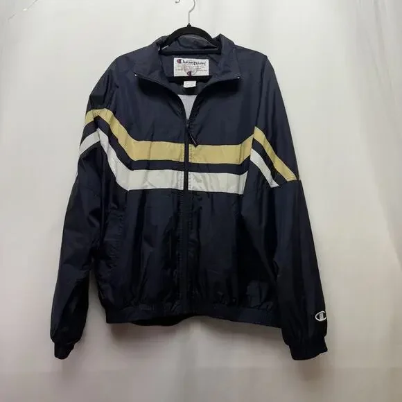 VTG 90s Champion Navy‎ and Stripe Mesh Lined Windbreaker Rain Jacket Mens XL
