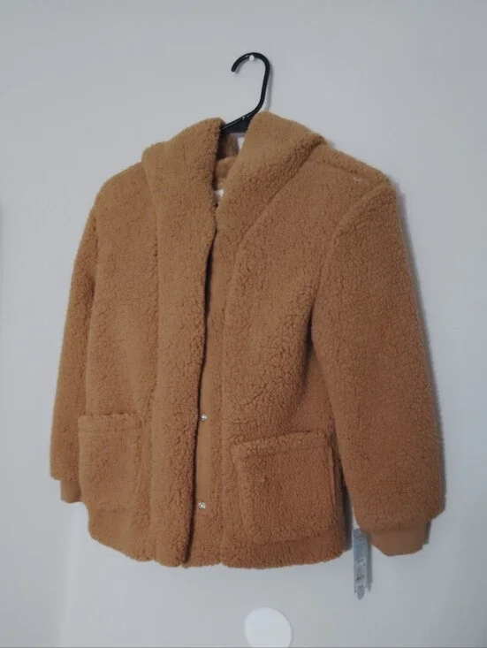 Cozy Girls Sherpa Fleece Jacket Tan Bear Hooded Coat Size L (10)12)