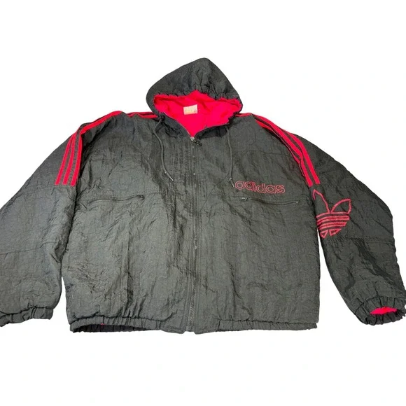 Vintage Adidas Trefoil Hooded Windbreaker Jacket Large Black Red Sporty Gorpcore